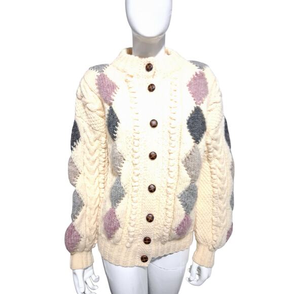 Vtg Standun Womens L Hand Knit Chunky Wool Ireland Fisherman Grandpa Sweater - Picture 7 of 12